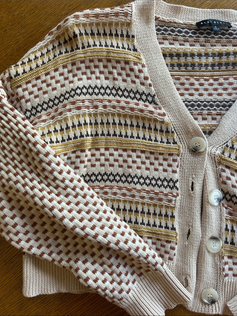 Blue Blush Beige Knit Cardigan with Mustard & Brown Stripes - Picture 3 of 5